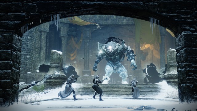 Three guardians fight off a Taken Ogre inside the Warlord's Ruin dungeon.