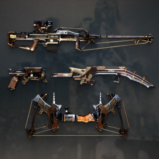 A promotional image showing the Warlord's Ruin weapons, including a Rapid-Fire Frame sniper, a sidearm, a bow, and a Caster Frame sword.