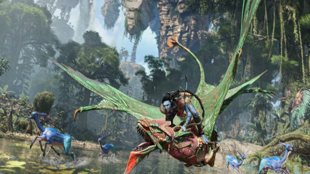 A character in Avatar: Frontiers of Pandora riding an Ikran.