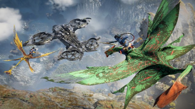 A N'avi character riding a creature and shooting at a plane from the sky
