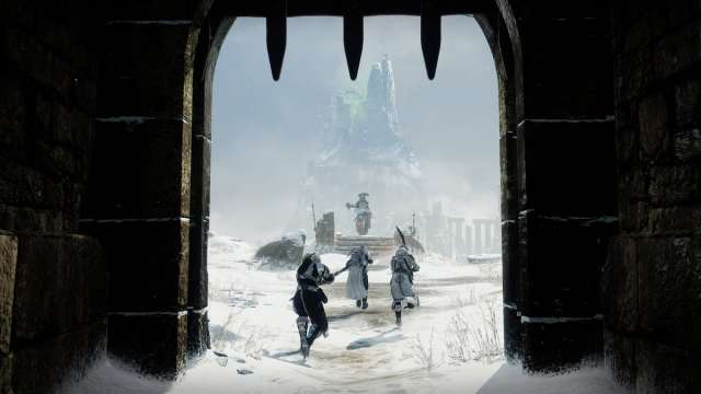 Three Guardians run through a castle gate toward a Scorn Chieftain, Rithal.
