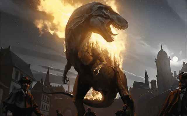 Dinosaur walking through town with flames coming off it