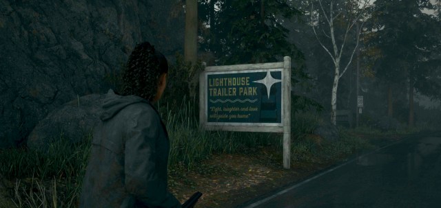 An in game screenshot of the Watery Lighthouse trailer park sign