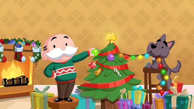 The Monopoly man with his dog hanging up decorations on a Christmas tree in Monopoly GO.
