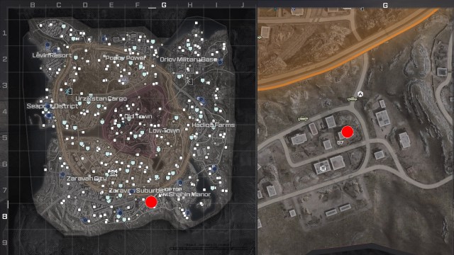 A Tactical Map of Urzikstan from MW3 Zombies with a red mark locating where the Tombstone Soda Easter egg can be found.