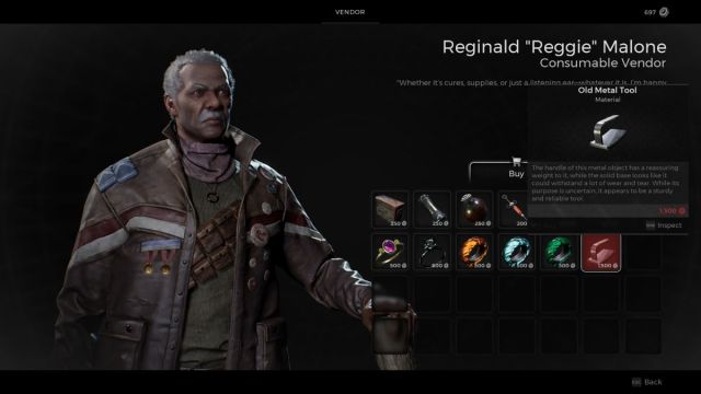 The shop menu in Remnant 2, which shows Reggie offering the Old Metal Tool.