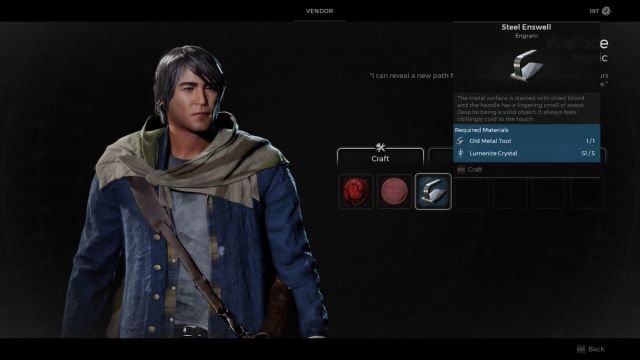 Wallace'es NPC menu in Remnant 2, in which the option to craft the Steel Enswell is highlighted.