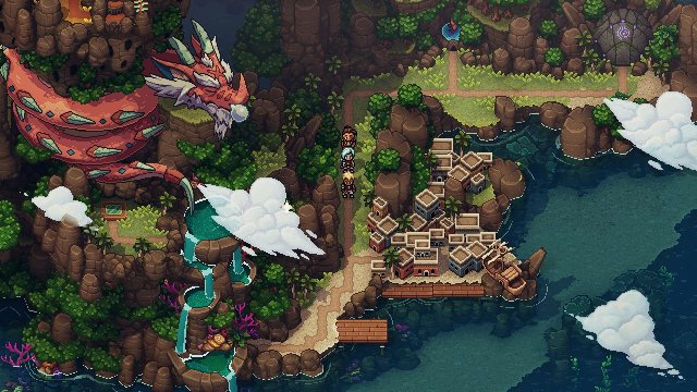 The overworld for Sea of Stars, featuring a dragon, village and waterfalls oozing into the sea. Image via Sabotage Studios.