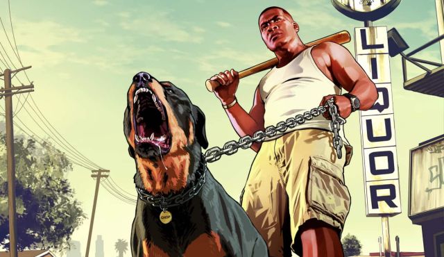 Franklin and Chop the dog shown in promotional images for GTA 5.