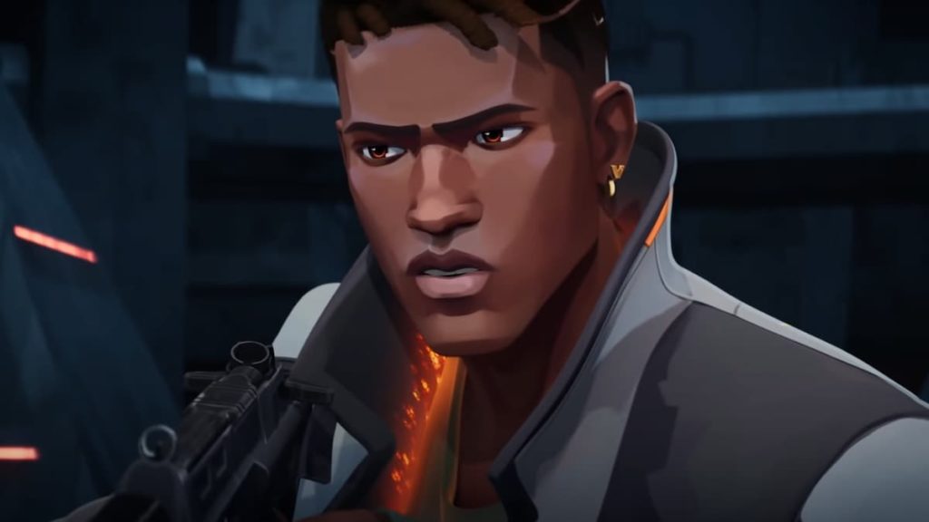 A close-up of Phoenix looking confused. He's holding a gun in his right hand.