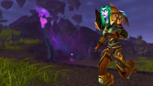 A woman with green hair and armor running in WoW