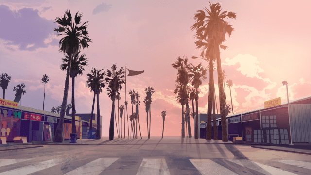 Palm trees flank a wide road with the sun setting and a beautiful purple and orange sky in Grand Theft Auto 6.