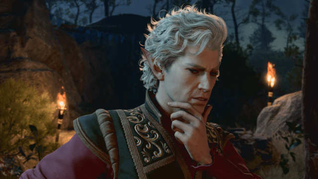 Baldur's Gate 3's Astarion has his hand on his chin, pondering