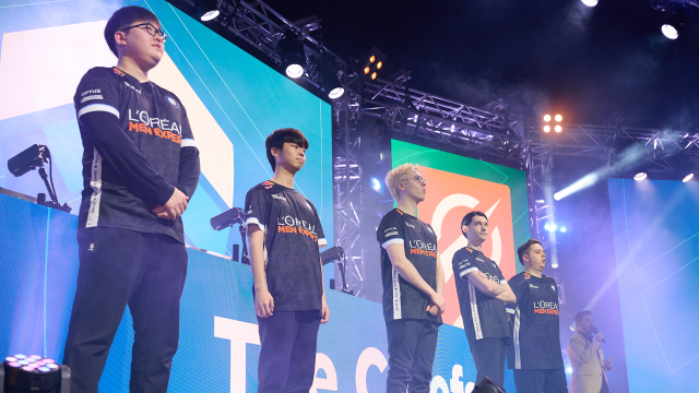The Chiefs League of Legends team stands on stage at the LCO grand finals in Melbourne, Australia