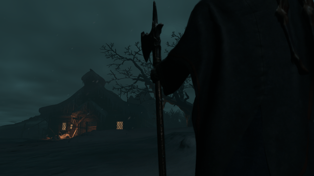 Diablo 4 screenshot of a man standing outside of a cabin