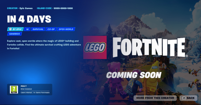 The LEGO Island splash screen in Fortnite