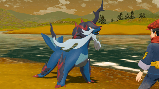 Hisuian Samurott on the beach in front of a trainer in Pokémon Legends: Arceus.