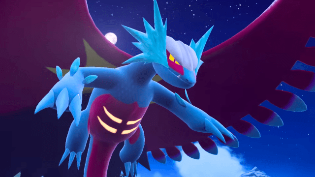 Roaring Moon flying in the night sky in Pokémon Scarlet and Violet.