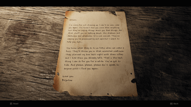 A note in Remnant 2, in which a character named Brynlow writes to a character named Elowen and tells her to go into hiding.