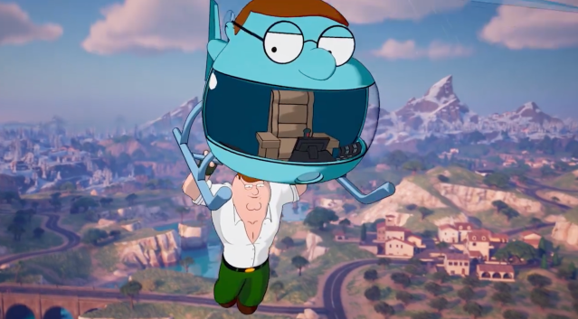 Peter Griffin holding onto the Petercopter in Fortnite