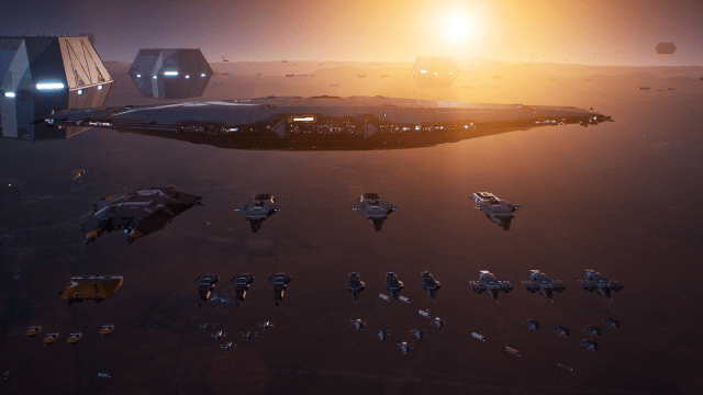 Homeworld 3 fleets lined up with the sunset in the background
